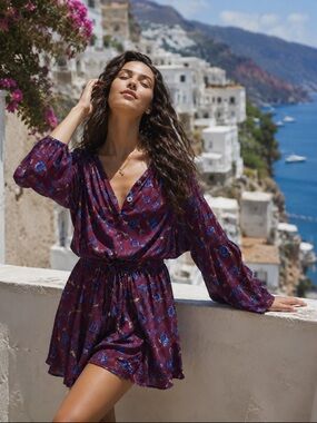 Free People Burgundy Blue Floral Long Sleeve Tie Waist Mini Dress Small
